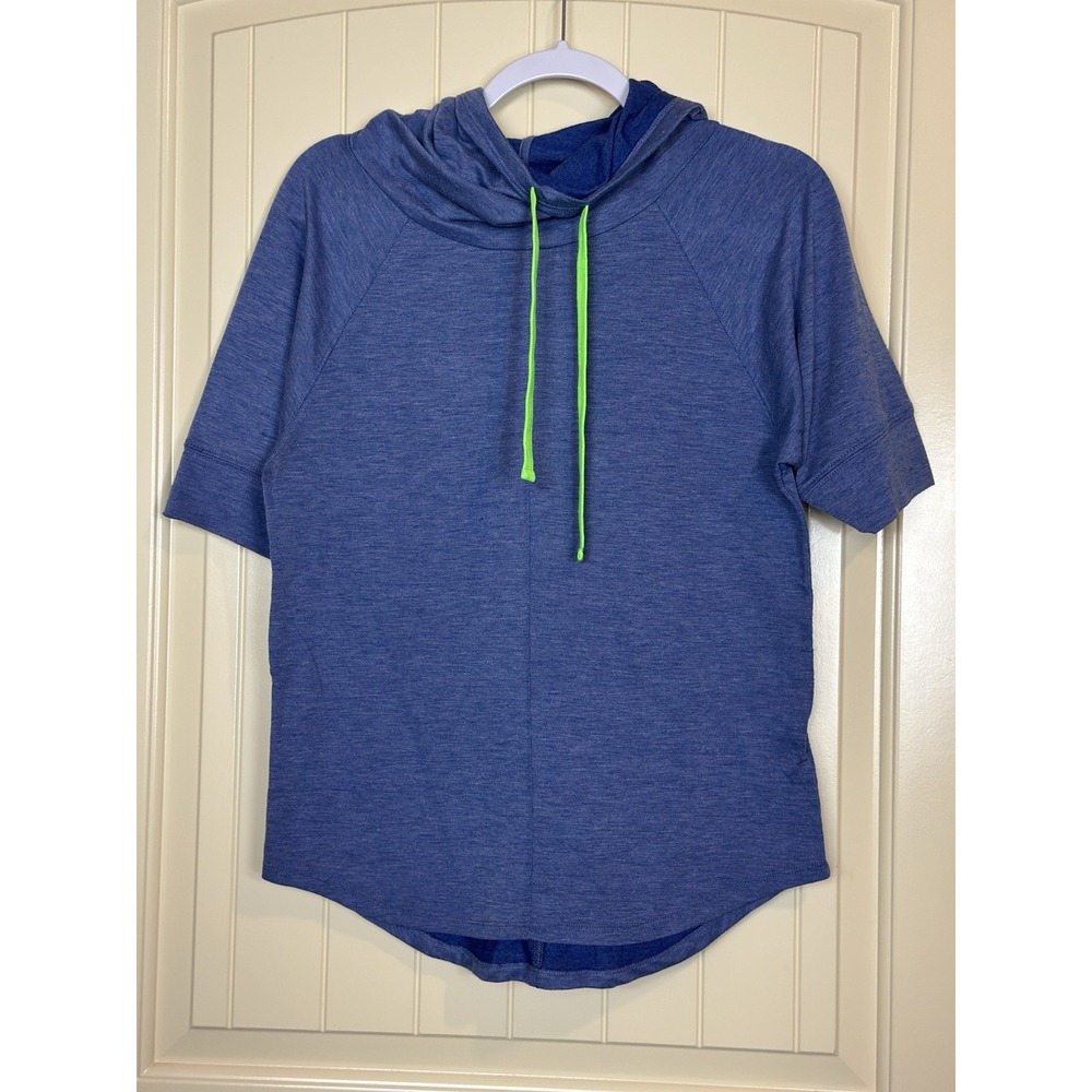 Bobbie Brooks blue shorts sleeve cowl neck pullover hooded shirt sz S athleisure
